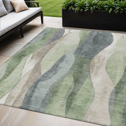3' X 5' Fern Green And Gray Abstract Washable Indoor Outdoor Area Rug