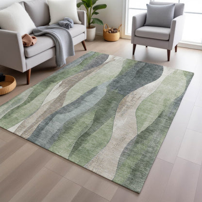 3' X 5' Fern Green And Gray Abstract Washable Indoor Outdoor Area Rug