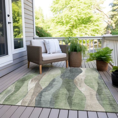 3' X 5' Fern Green And Gray Abstract Washable Indoor Outdoor Area Rug