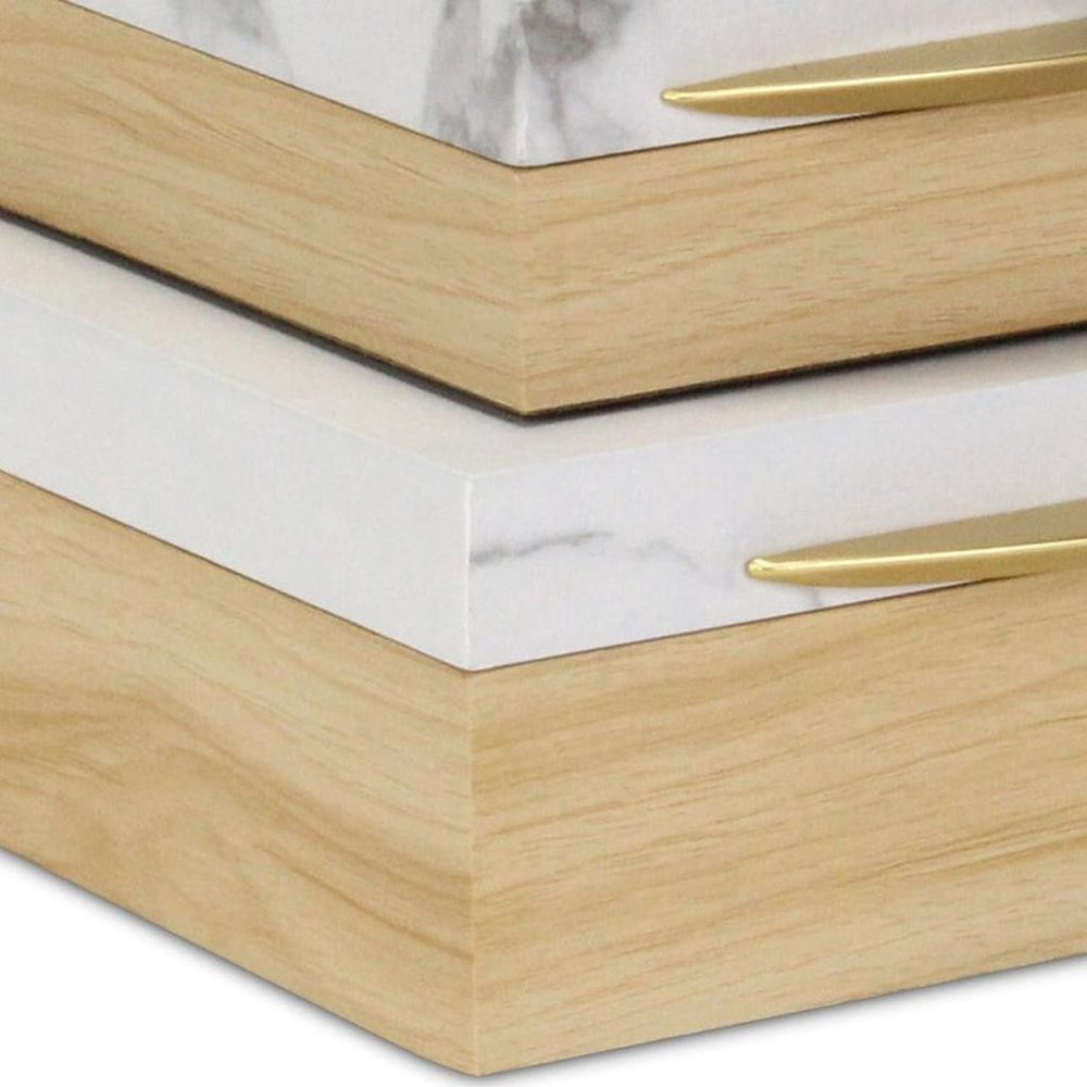 Set Of Two Natural And White Faux Marble And Wood Jewelry Box