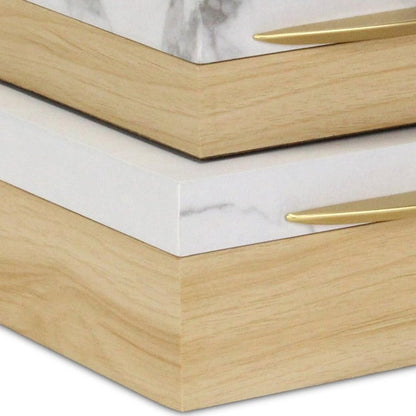 Set Of Two Natural And White Faux Marble And Wood Jewelry Box
