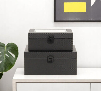 Set Of Two Black Faux Leather And Mirrored Glass Jewelry Boxes