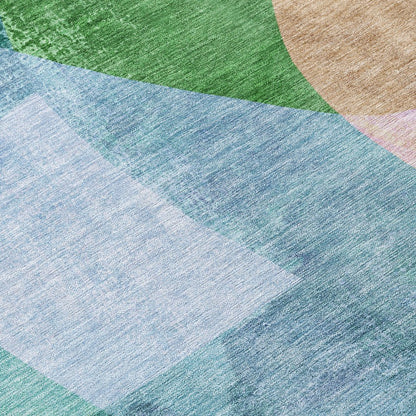 10' X 14' Green And Teal Blue Abstract Washable Indoor Outdoor Area Rug