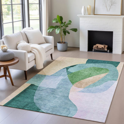 10' X 14' Green And Teal Blue Abstract Washable Indoor Outdoor Area Rug