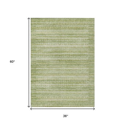 3' X 5' Sage And Ivory Striped Washable Indoor Outdoor Area Rug