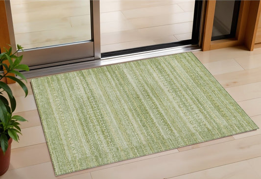 3' X 5' Sage And Ivory Striped Washable Indoor Outdoor Area Rug