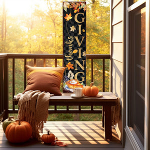 36" Black And Orange Solid Wood Thanksgiving Autumn Leaves Porch Sign