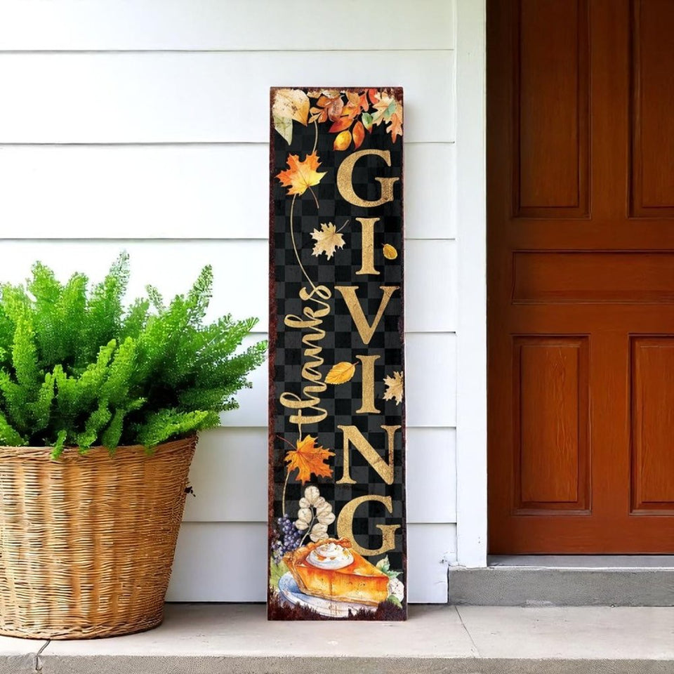 36" Black And Orange Solid Wood Thanksgiving Autumn Leaves Porch Sign