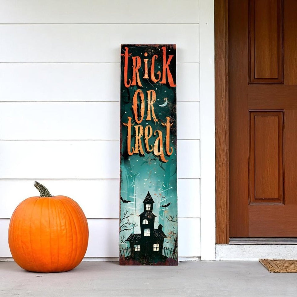 36" Black Orange And Green Solid Wood Trick or Treat Halloween Porch Sign