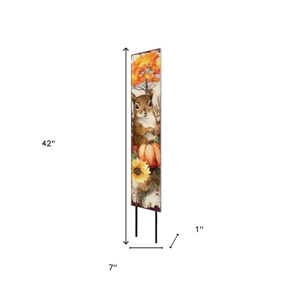 42" Brown And Orange Solid Wood Autumn Squirrel Garden Stake