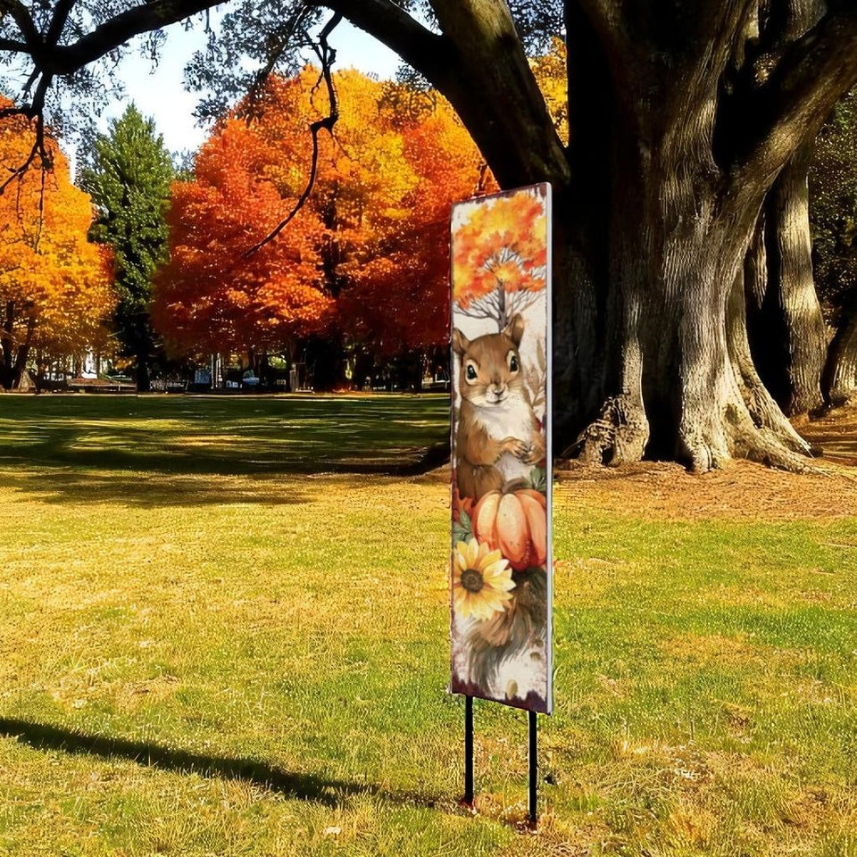 42" Brown And Orange Solid Wood Autumn Squirrel Garden Stake
