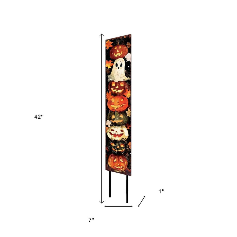 42" Black White And Orange Halloween Jack-O-Lantern Solid Wood Garden Stake