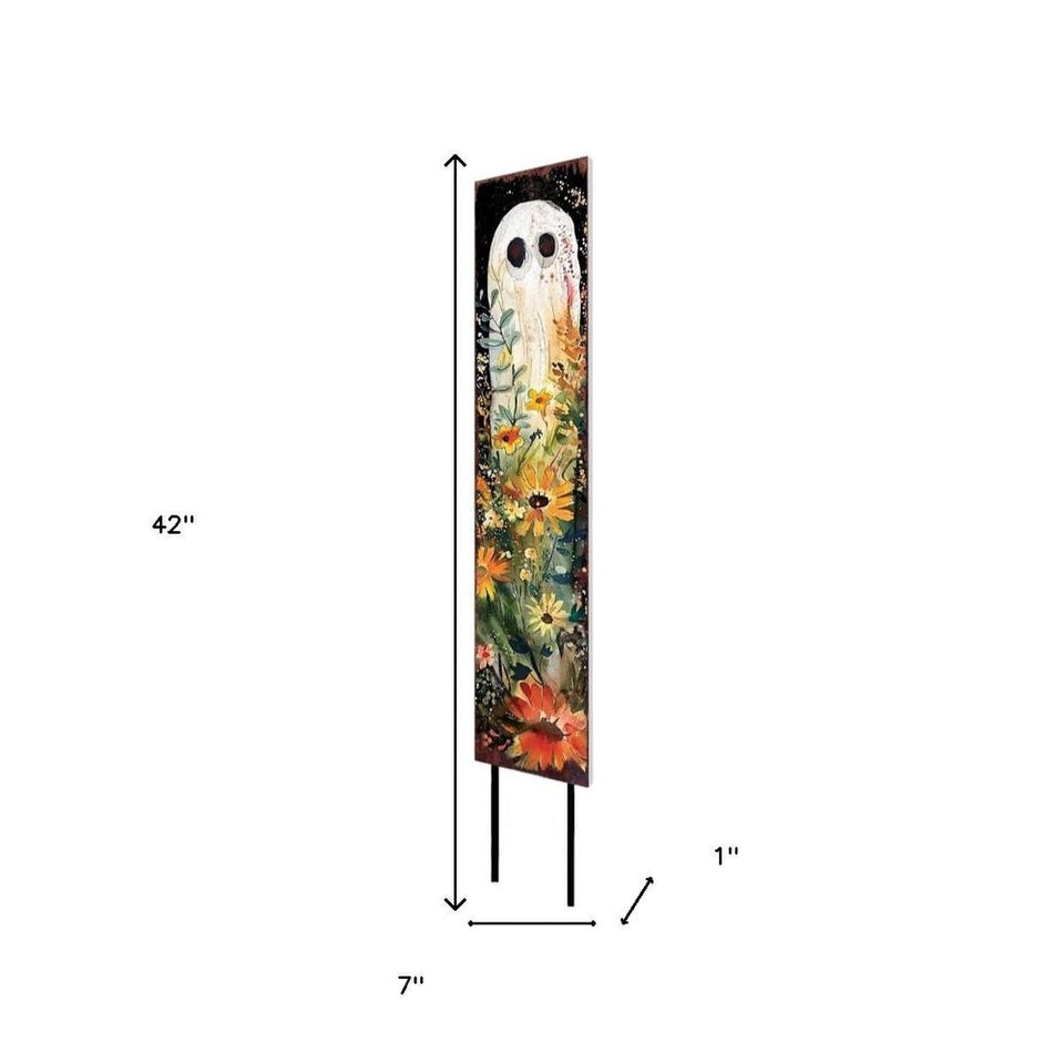 42" Black And White Solid Wood Wildflowers Halloween Ghost Garden Stake