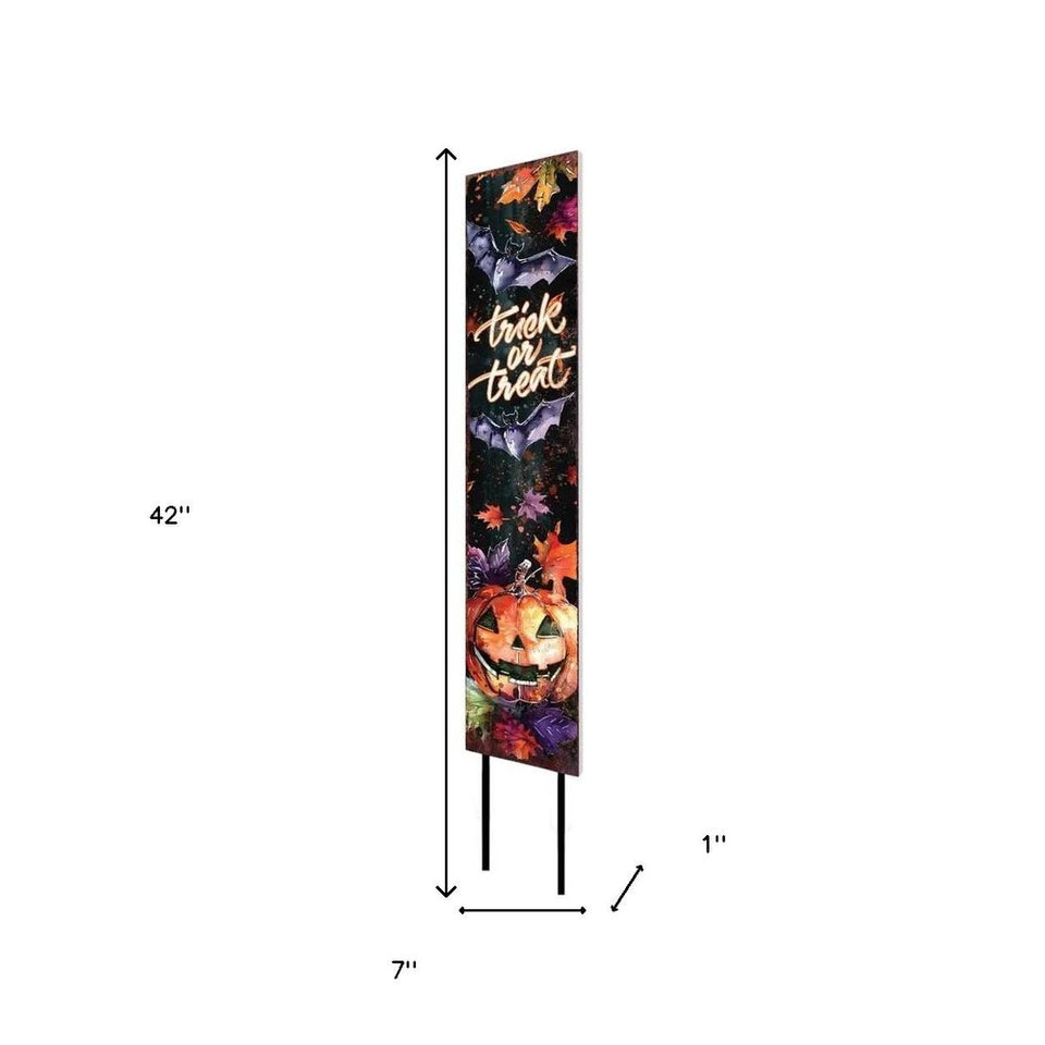 42" Black Orange And Purple Trick or Treat Jack-O-Lantern Solid Wood Garden Stake
