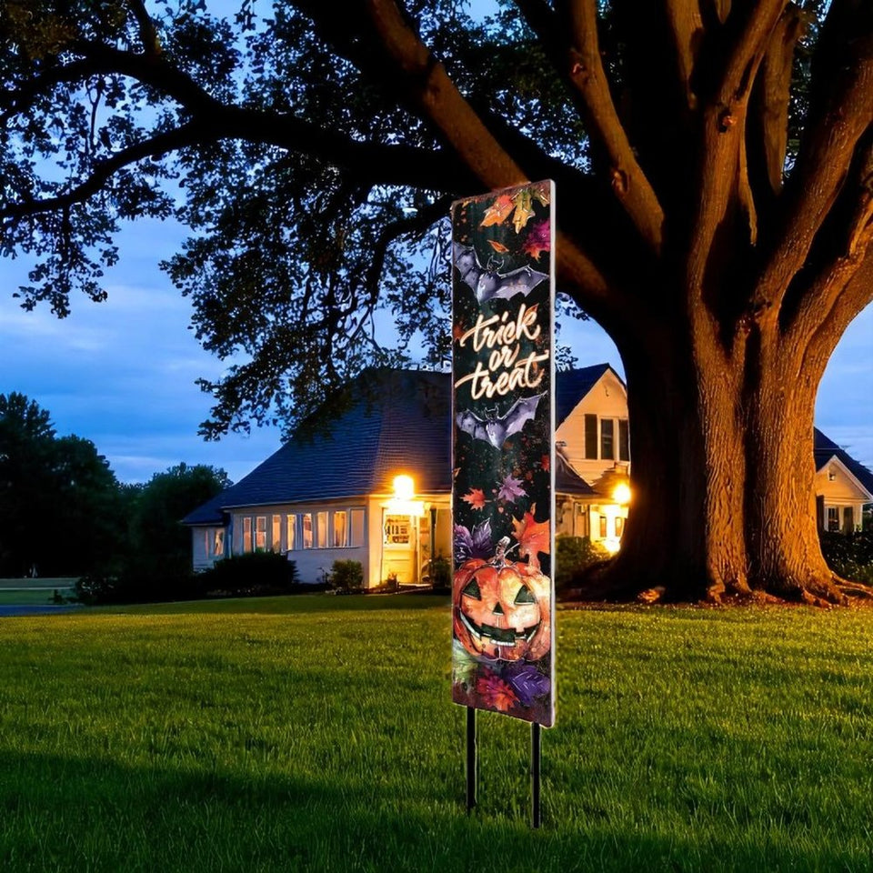 42" Black Orange And Purple Trick or Treat Jack-O-Lantern Solid Wood Garden Stake