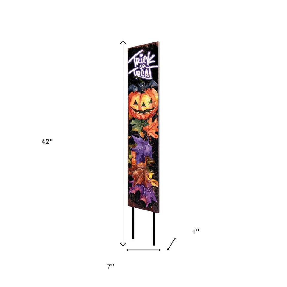 42" Black Orange And Purple Trick or Treat Jack-O-Lantern Solid Wood Garden Stake