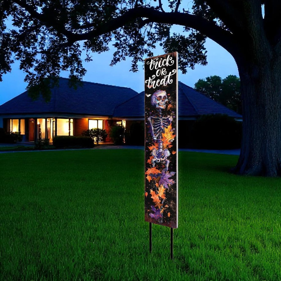 42" Black And Orange Trick or Treat Halloween Skeleton Solid Wood Garden Stake