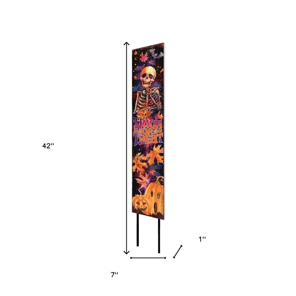 42" Black And Orange Halloween Skeleton Solid Wood Garden Stake