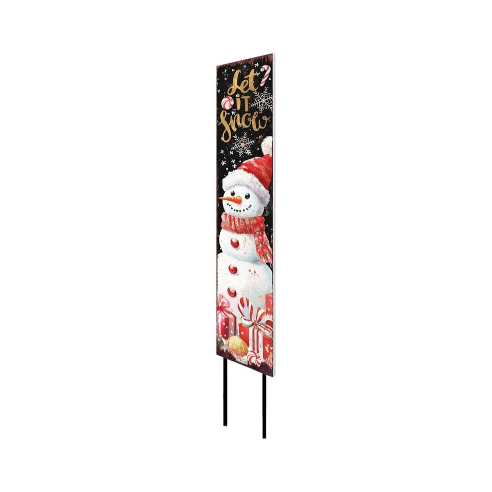 42" Black White Red And Gold Let It Snow Snowman Solid Wood Garden Stake