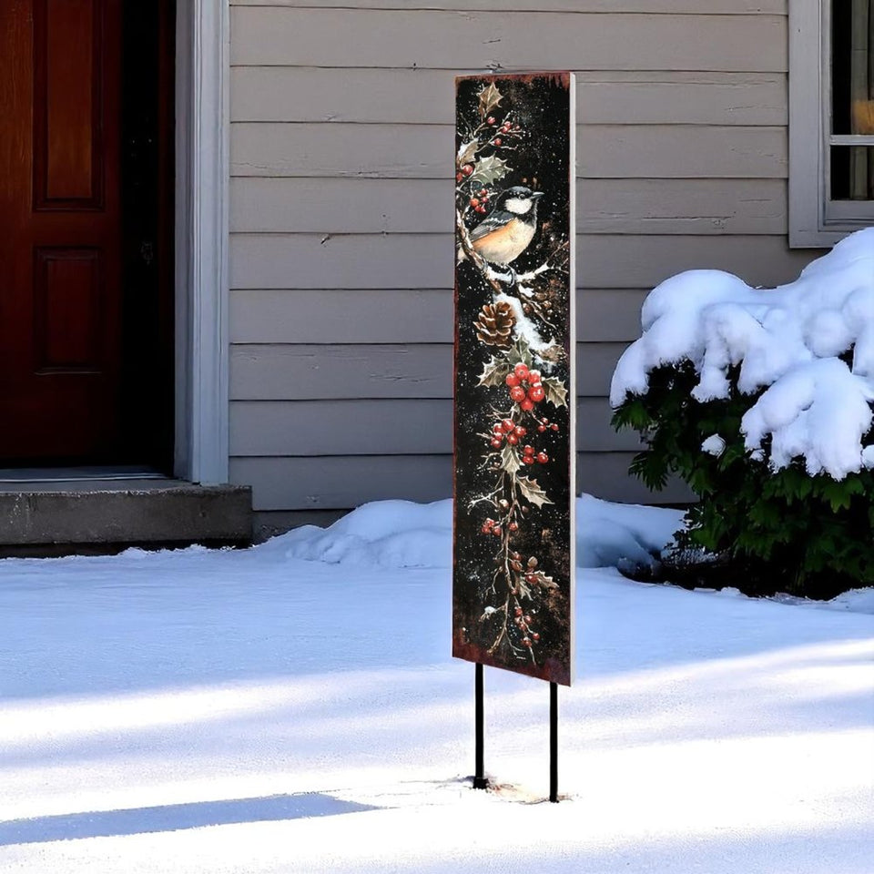 42" Black Red And Green Christmas Chickadee Solid Wood Birds Garden Stake