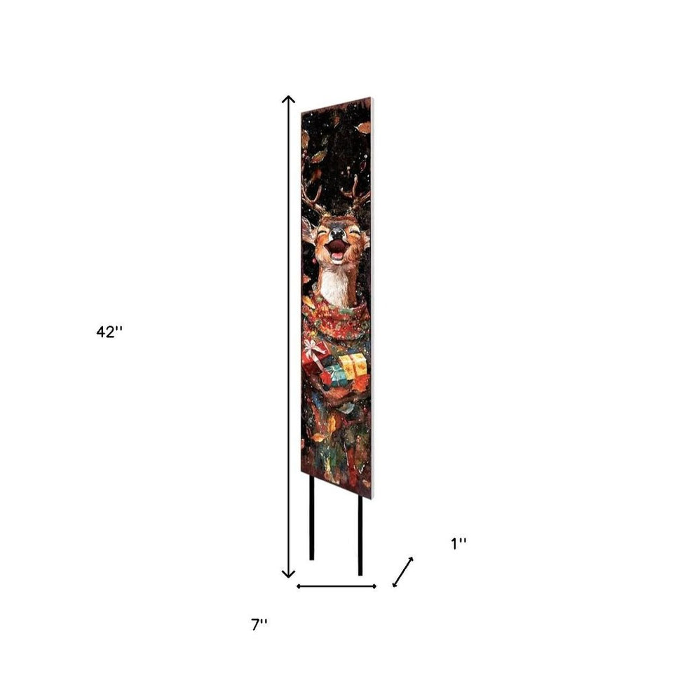 42" Black Red And Green Christmas Solid Wood Deer Garden Stake