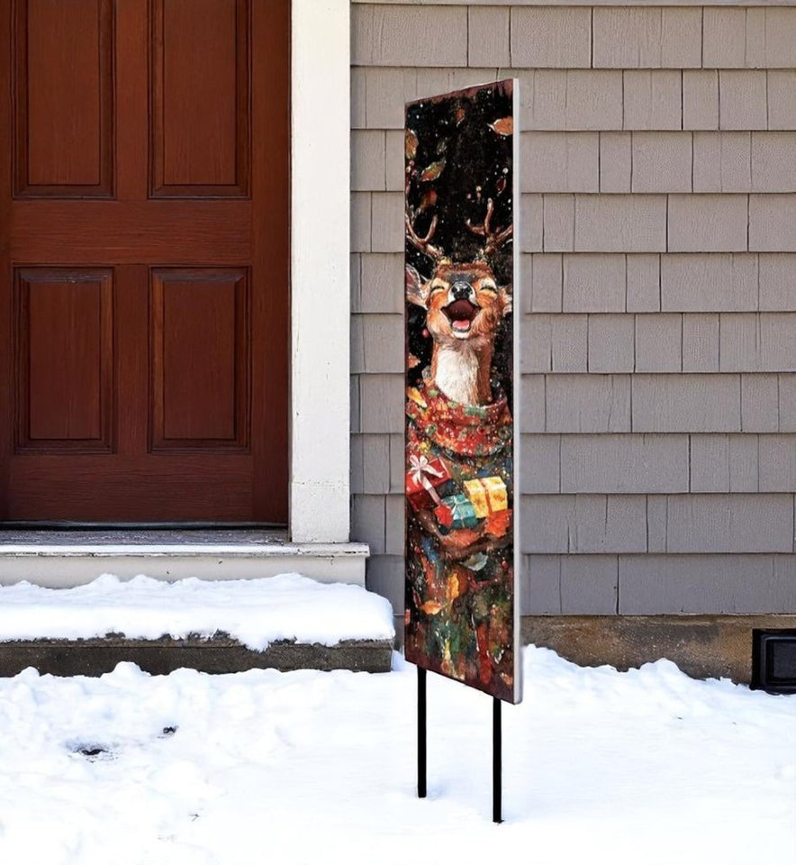 42" Black Red And Green Christmas Solid Wood Deer Garden Stake