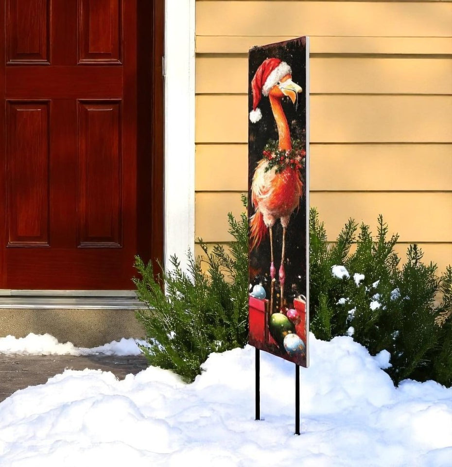 42" Black And Coral Solid Wood Christmas Flamingo Garden Stake