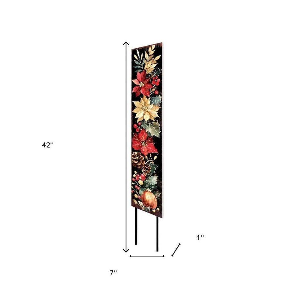 42" Black And Red Solid Wood Christmas Poinsettia Garden Stake