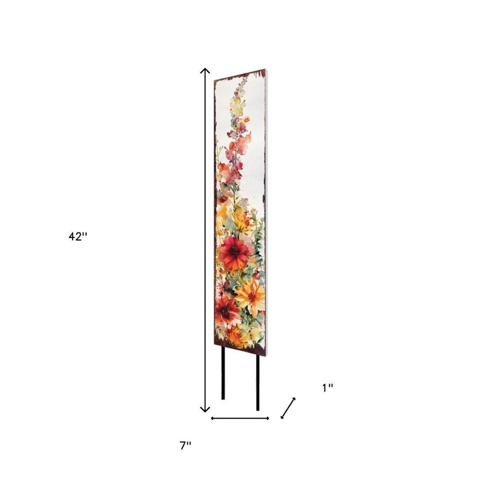 42" Green Off White Orange And Yellow Solid Wood Watercolor Floral Garden Stake