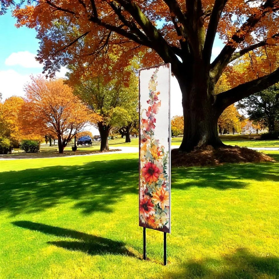 42" Green Off White Orange And Yellow Solid Wood Watercolor Floral Garden Stake