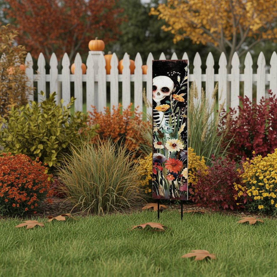 42" Black White And Orange Solid Wood Halloween Skeleton Garden Stake