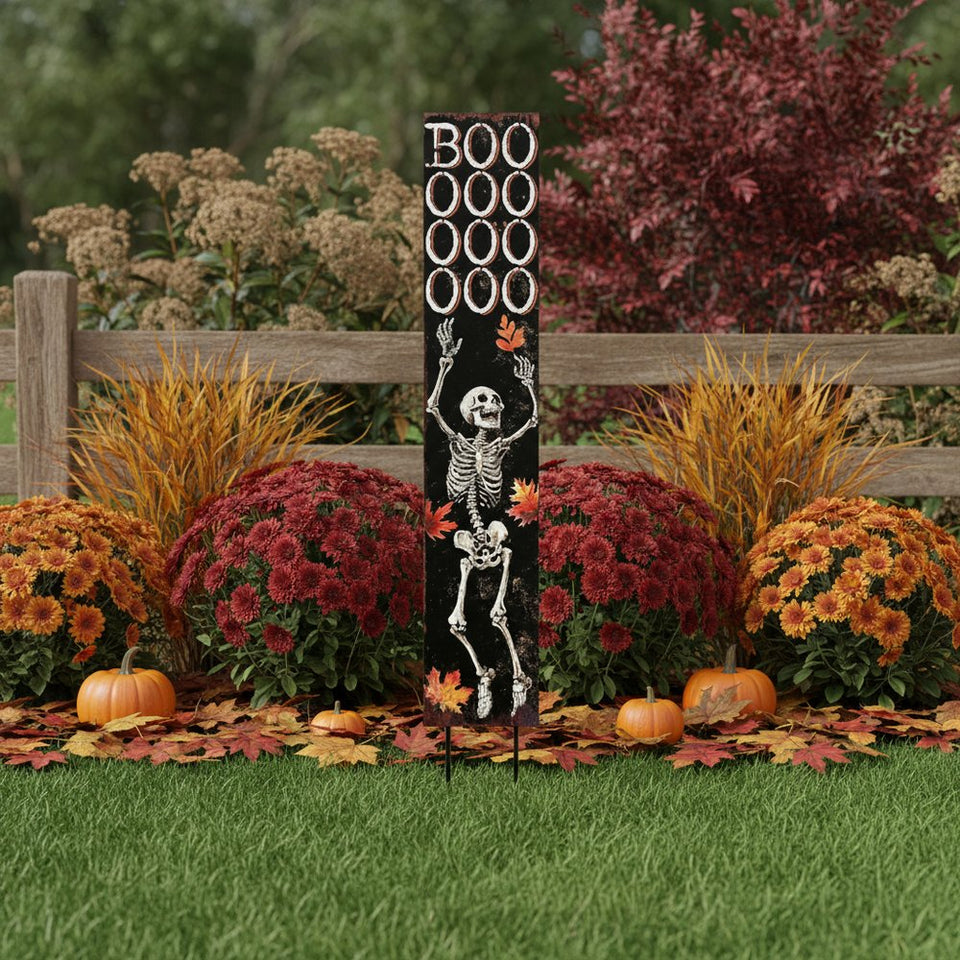 42" Black Orange And White Solid Wood Boo Halloween Skeleton Garden Stake