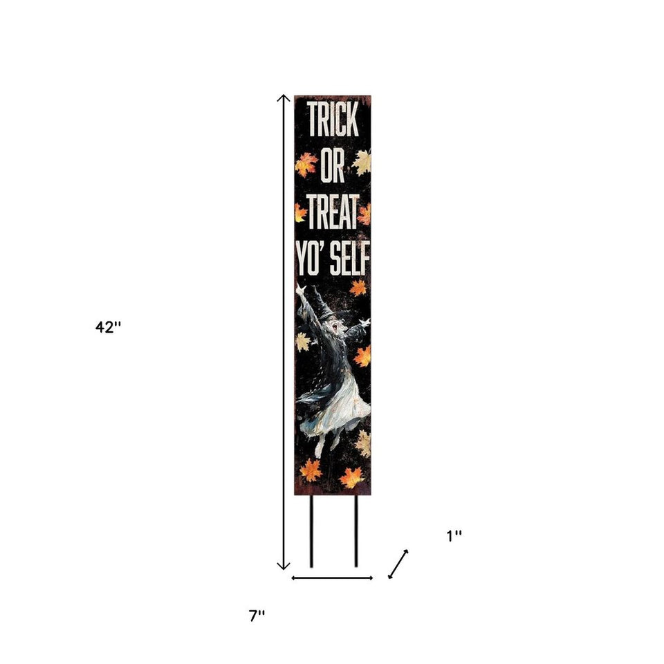 42" Black Orange And White Solid Wood Trick or Treat Halloween Witch Garden Stake