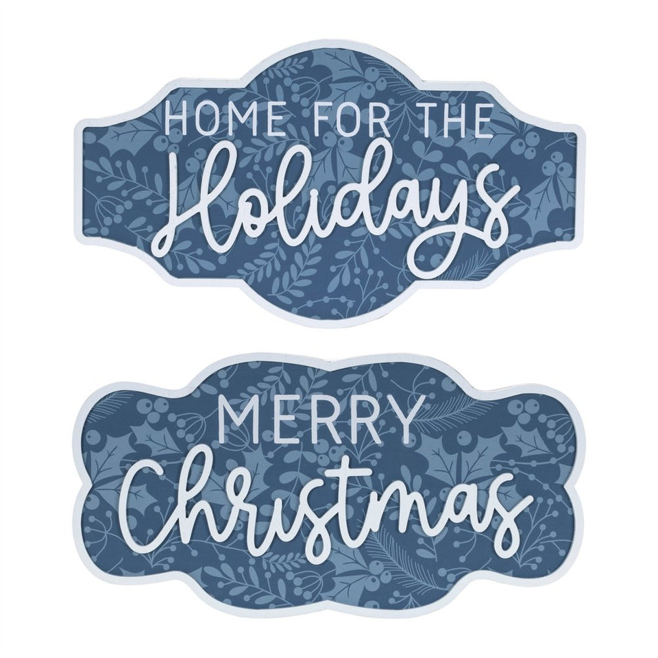 Set of Two Blue And White Christmas Home For The Holidays Wood Wall Decor