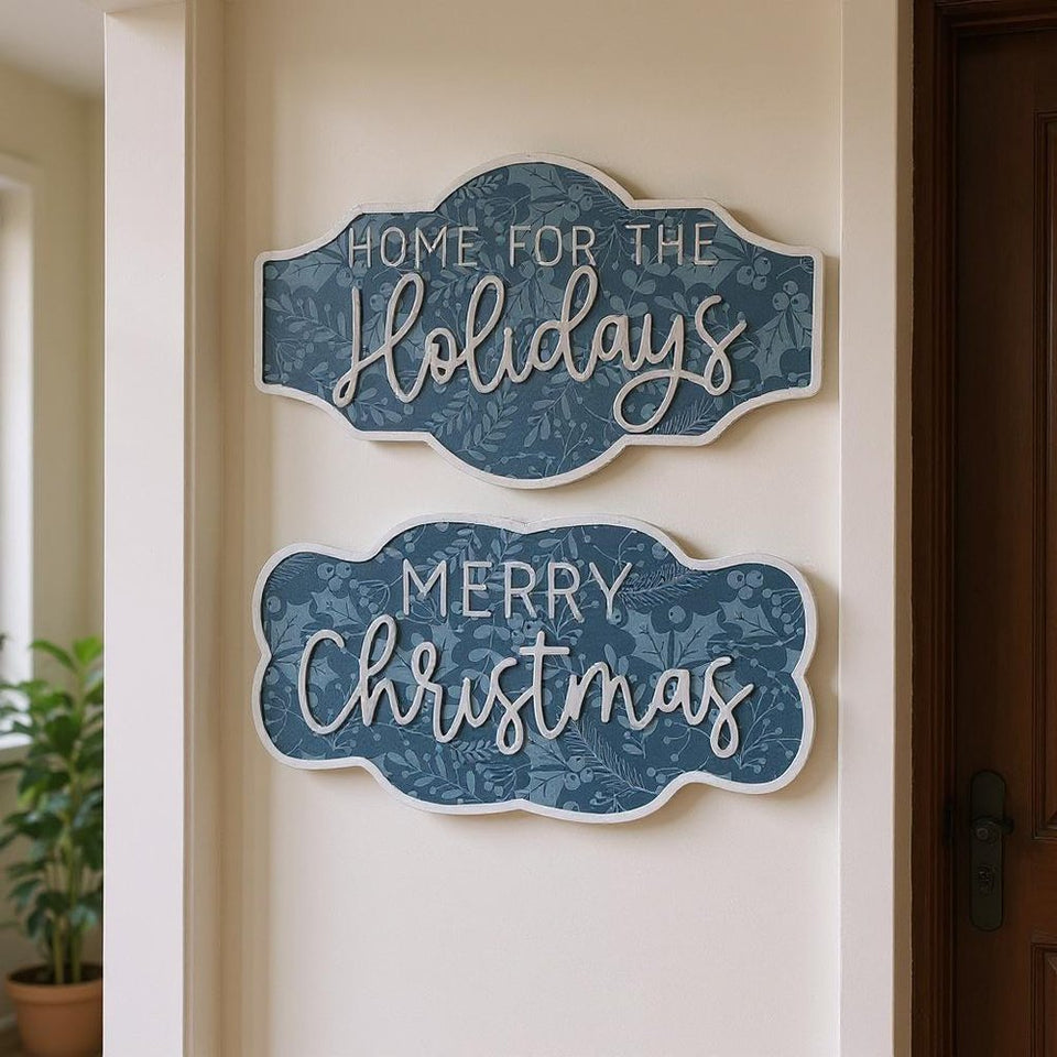 Set of Two Blue And White Christmas Home For The Holidays Wood Wall Decor