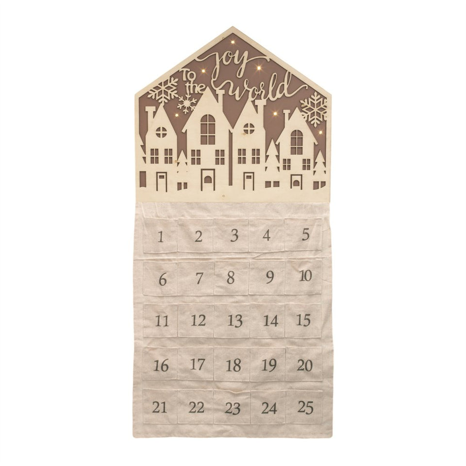 35" X 17" Beige Fabric And Wood Joy to the World Christmas Lighted Advent Calendar Wall Decor