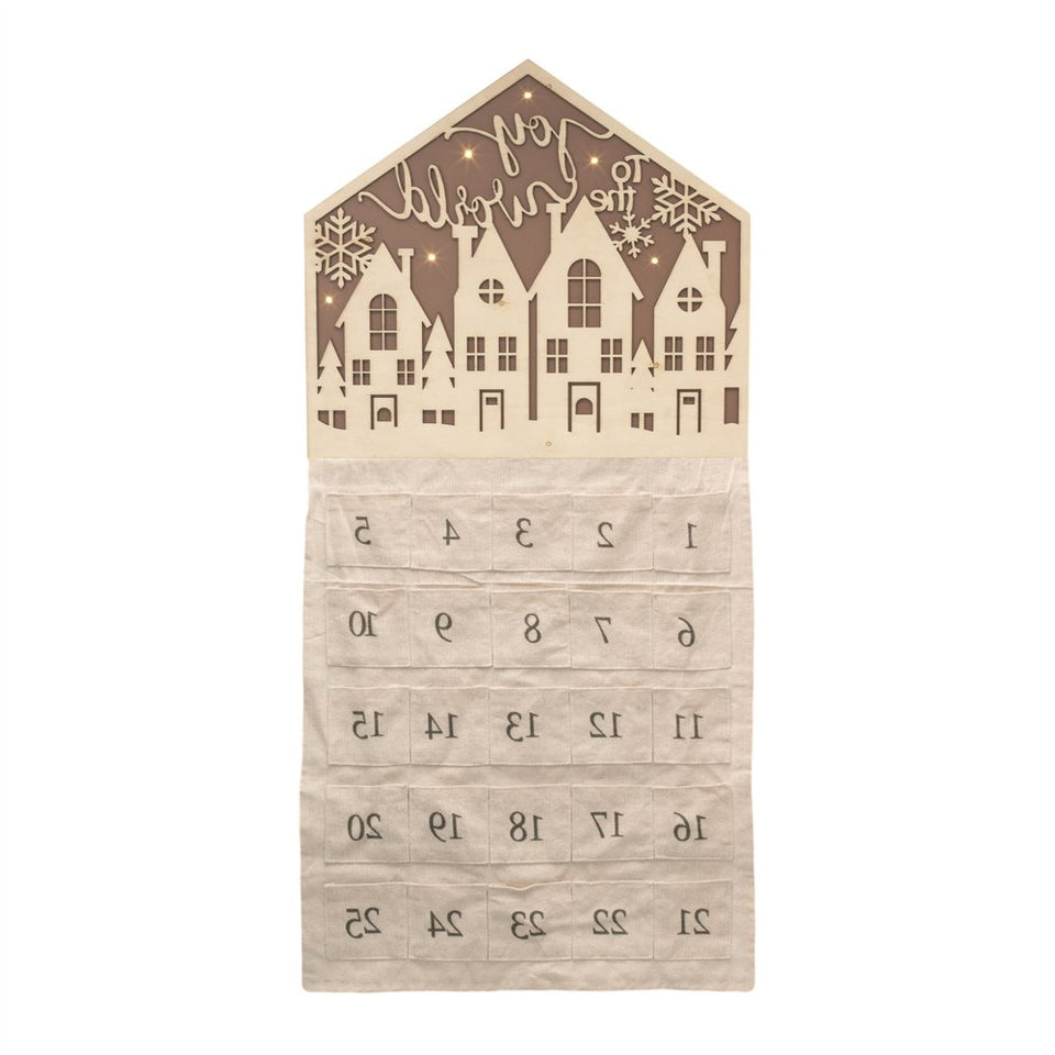 35" X 17" Beige Fabric And Wood Joy to the World Christmas Lighted Advent Calendar Wall Decor