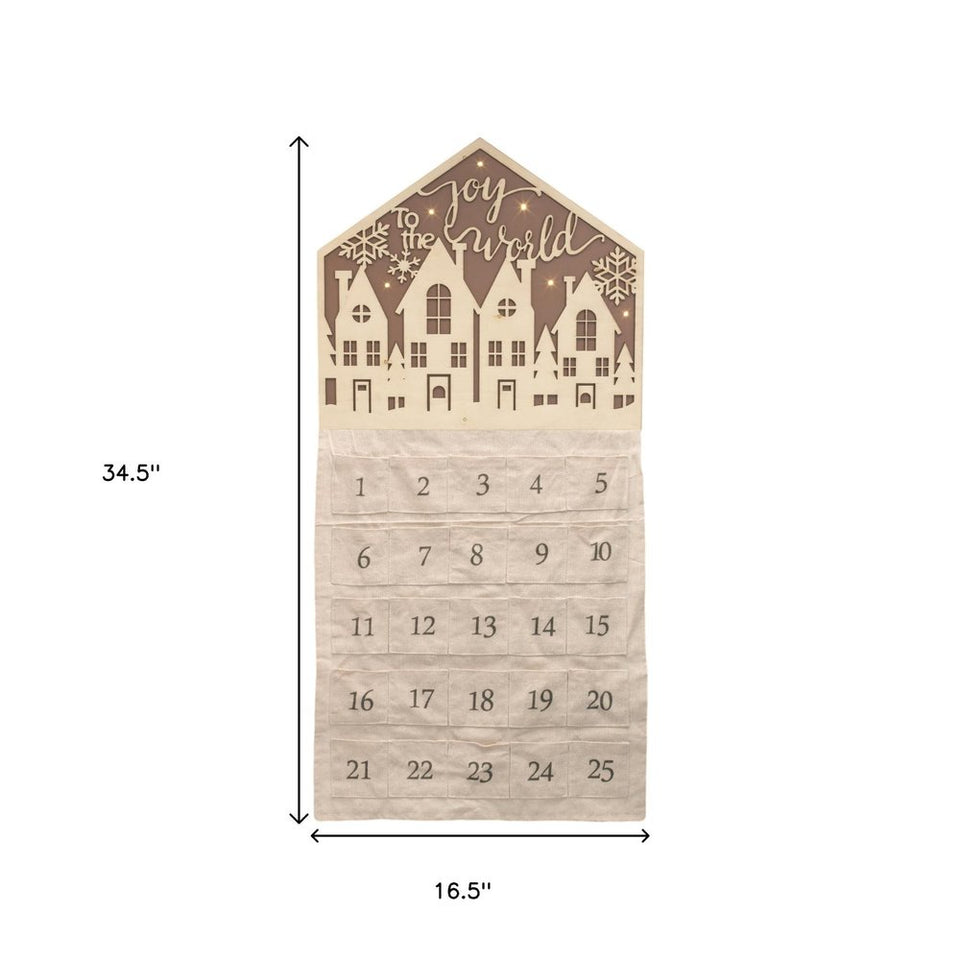 35" X 17" Beige Fabric And Wood Joy to the World Christmas Lighted Advent Calendar Wall Decor