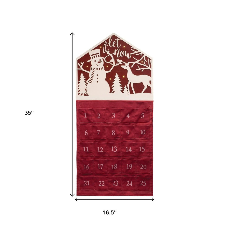 35" X 17" Red And White Fabric And Wood Let It Snow Christmas Lighted Advent Calendar Wall Decor