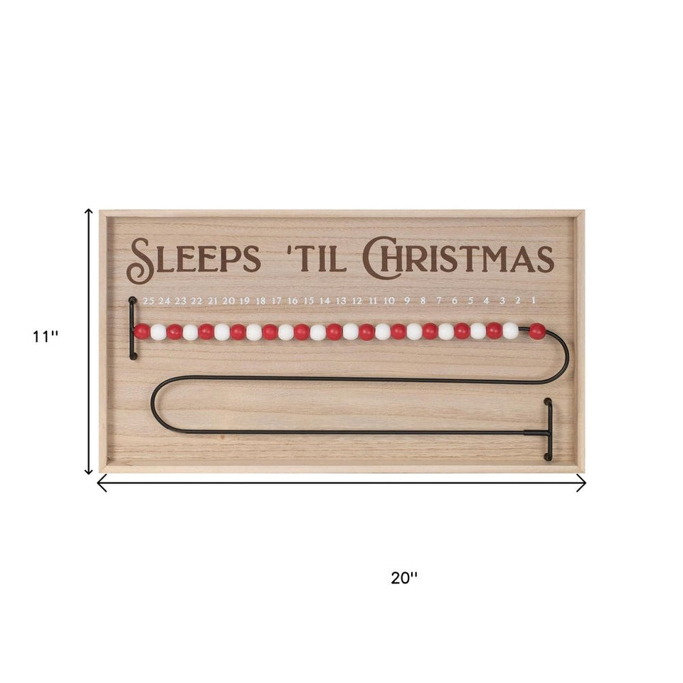 11" X 20" Natural And Red  Wood Sleeps 'Til Christmas Advent Calendar Hanging Wall Decor