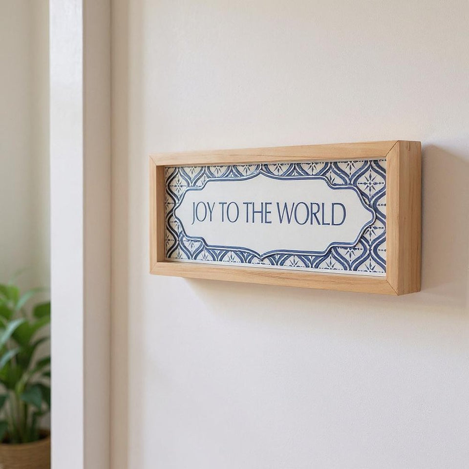 5" X 12" Blue And White Christmas Joy To The World Wood Framed Art