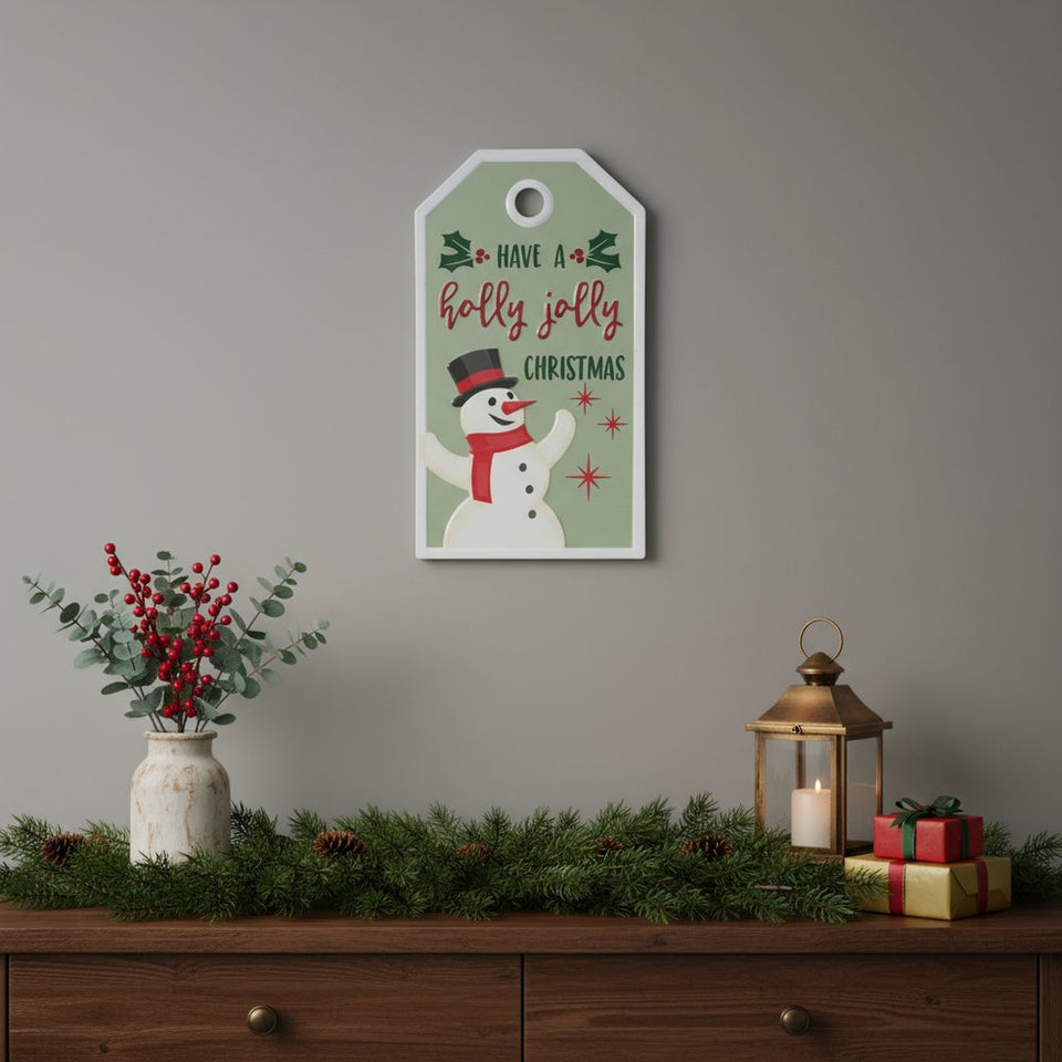 16" X 9" Green And White Metal Christmas Snowman Hanging Wall Decor