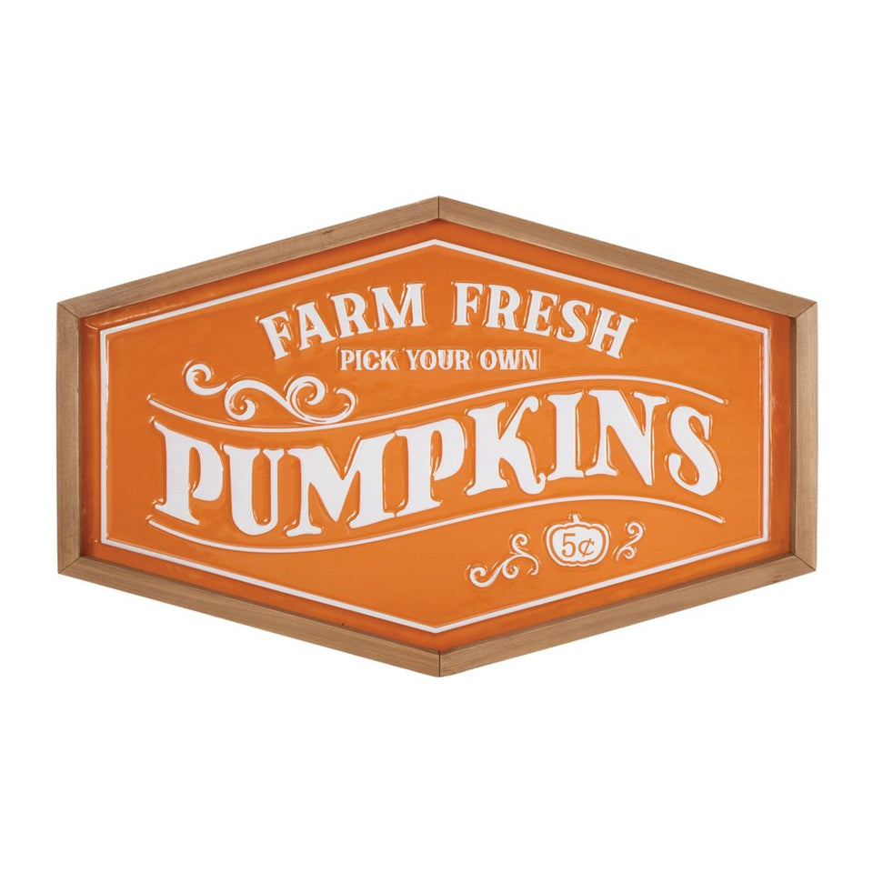 13" X 20" Orange And White Metal Farm Fresh Pumpkins Wall Decor