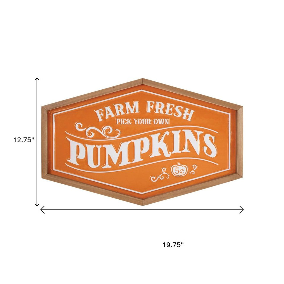 13" X 20" Orange And White Metal Farm Fresh Pumpkins Wall Decor