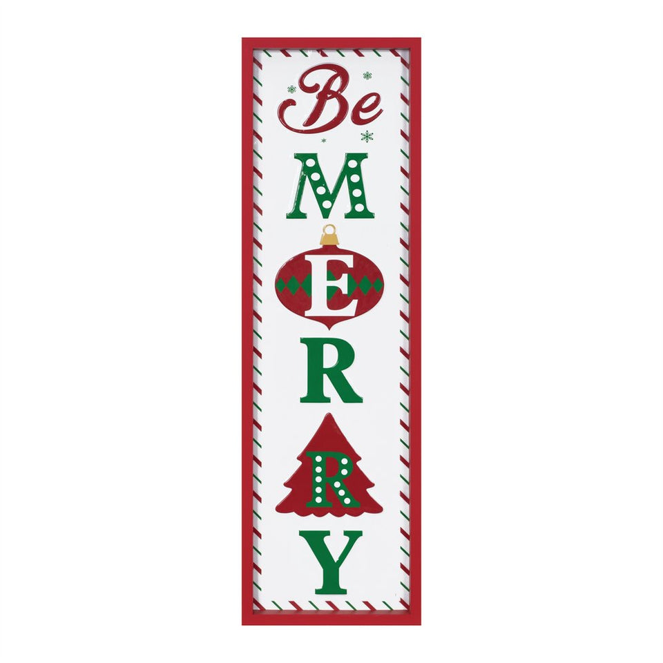 30" X 9" Green Red And White Christmas Be Merry Iron Hanging Wall Decor