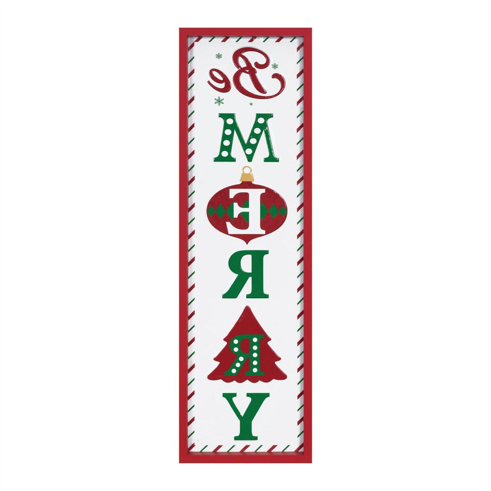 30" X 9" Green Red And White Christmas Be Merry Iron Hanging Wall Decor
