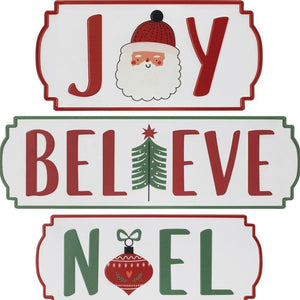 Set of Three White Green And Red Metal Christmas Hanging Text Wall Decor