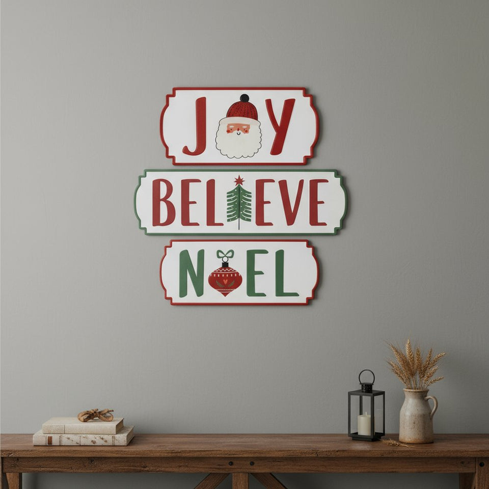 Set of Three White Green And Red Metal Christmas Hanging Text Wall Decor
