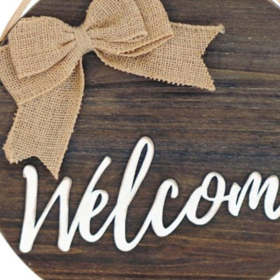 12" Brown Hello and Welcome Solid Wood Reversible Hanging Wall Or Door Decor