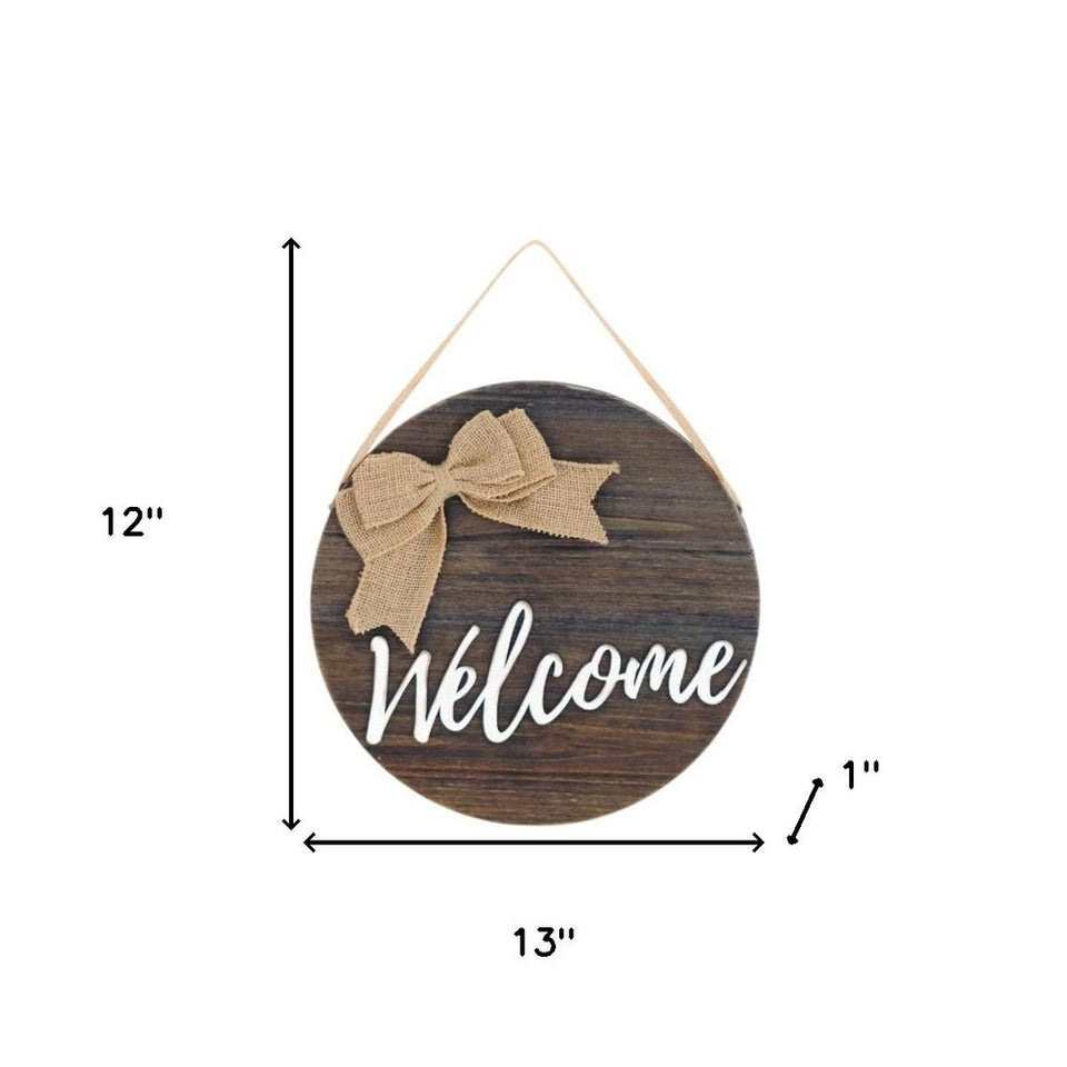 12" Brown Hello and Welcome Solid Wood Reversible Hanging Wall Or Door Decor